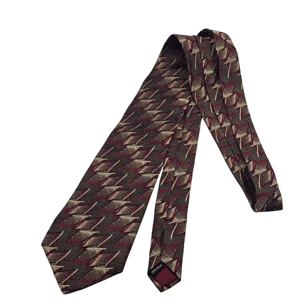 Stefano Milano Silk Tie Burgundy Pewter Geometric Art Deco Italian Hand Made‎